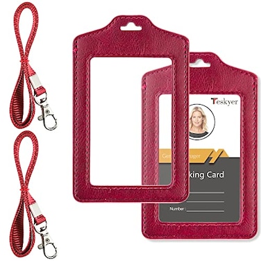 Teskyer 2 Pack Double Sided Clear Badge Holder with Lanyard PU Leather ID Badge Name Card Holder with Stainless Steel JHook Nylon Lanyard for Work School Metro Access Wine Red