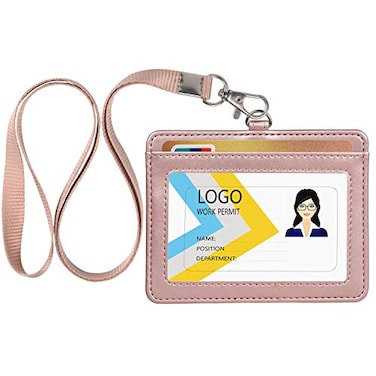 Teskyer Badge Holder with Lanyard Leather ID Name Badge Card Holder with Lanyard for ID Badges Horizontal Rose Gold