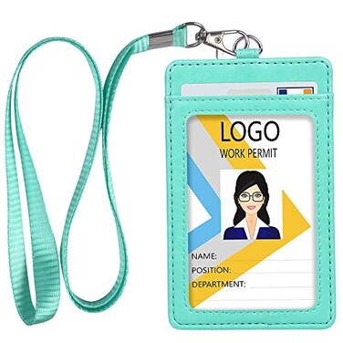 Teskyer Badge Holder with Lanyard Leather ID Name Badge Card Holder with Lanyard for ID Badges Vertical Green
