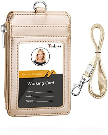 Teskyer Badge Holder with Side Zip Pocket Multiple Card Slots Leather ID Holder Wallet with Neck Lanyard for Office Staffs TeachersStudents Couriers Workers Gold