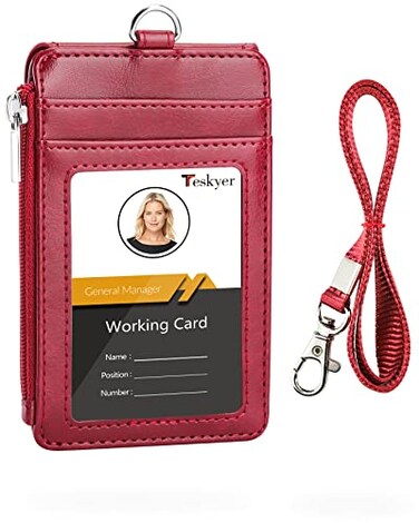 Teskyer Badge Holder with Side Zip Pocket Multiple Card Slots Leather ID Holder Wallet with Neck Lanyard for Office Staffs TeachersStudents Couriers Workers Red