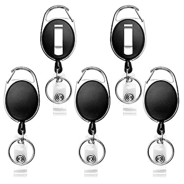 Teskyer Badge Reel 5 Pack Retractable Badge Holders with Carabiner Belt Clip and Key Ring for ID Card Holder and Keychain