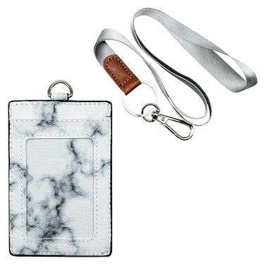 Vikko VIKKO Badge Holder PU Leather ID Card Case Wallet with Neck Lanyard and Key Ring Marble Texture