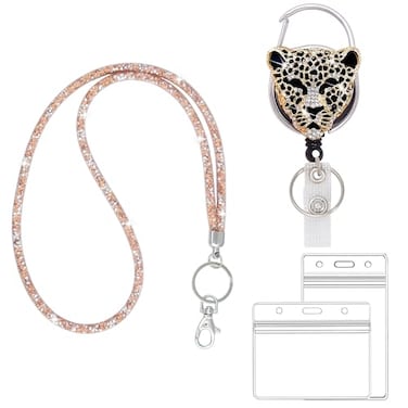 VIQWYIC 1 Pack Retractable ID Badge Holder with Clip Cute ID Name Badge Reels with Bling Rhinestones Retractable Card Holder for Office Worker Teacher Doctor Gold Leopard