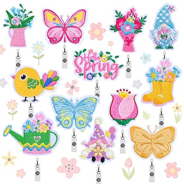 Whaline 12Pcs Spring Felt Badge Reel Holders for Nurse Summer Gnome Butterfly Flower Retractable Name ID Badge Reel with Clip for Teacher Students Doctor