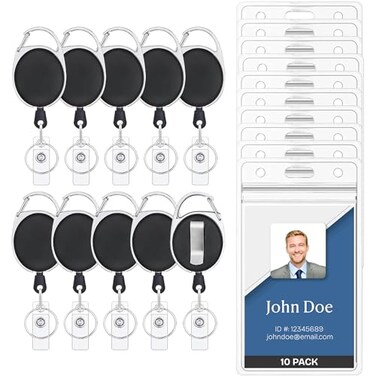 Will Well ID Badge Holders with Clip and Keyring Vertical Clear Plastic 358 x 252 Sleeves Fit Up to 3 Cards Retractable 24 UHMWPE Fiber Pull Cords for Easy Access 10Pack Black Reels