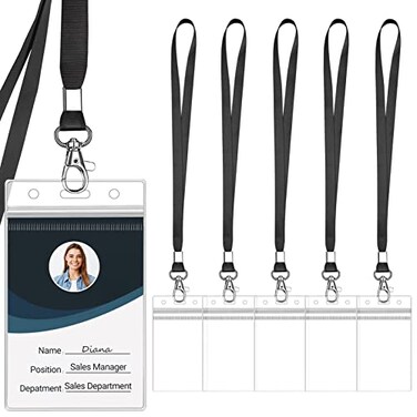 WILLIZTER Clear ID Badge Holder with Lanyard Water Proof Vertical Display Identification Card Name Card Protector with Zipper Resealable Nametag Holder Black6pcs