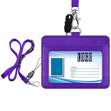 Wisdompro 2Sided PU Leather ID Badge Holder with 1 ID Window and 1 Card Slot and 1 piece 23 Inch Adjustable Polyester Detachable Neck Lanyard Strap Holds 3 to 4 Cards Purple Horizontal