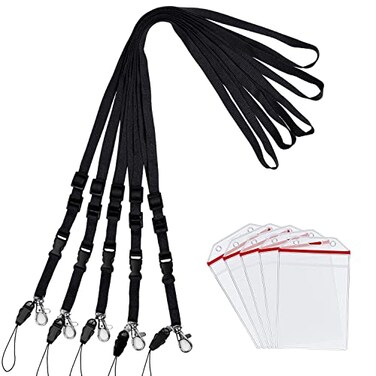 Wisdompro 5 Sets Lanyard Badge Holder School Supply Vertical Clear Heavy Duty Ziplock PVC ID Card Holder with 23 Inch Adjustable Polyester Detachable Neck Lanyard Strap for College Office Black