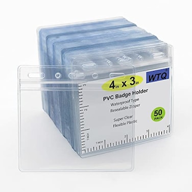 WTQ 50 Pack Waterproof ID Badge Holders Fits 4x3 Inserts Clear Vinyl Sealable Horizontal Hanging Badge Sleeve Durable Plastic Name Tag Holder