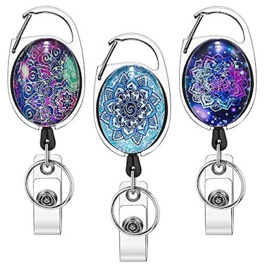 Artscope Xoqo Heavy Duty Retractable with Carabiner Badge Reel Crystal Glass Badge Holder with Belt Clip and Key Ring Badge Holders for Office Worker Doctor Nurse 3 Pack Mandala