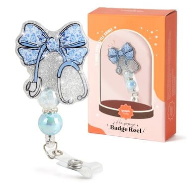 YOPPIX Blue Floral Stethoscope Bow Badge Reel Funny Sparkly Glitter Retractable Badge Reel for Nurses RN EN Doctor Paramedic Teachers Medical Office Womens