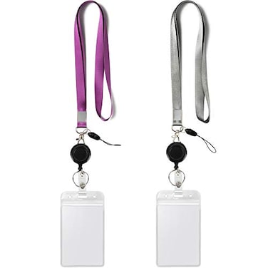 YOUOWO 2 Pack Lanyards with Vertical ID Badge Holders and Retractable Badge Reel with ClipsOffice Neck Grey Purple Lanyard Waterproof
