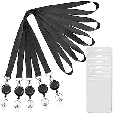 YOUOWO 5 Pack Black Lanyards with Vertical ID Badges Holder and Retractable Badge ReelsNeck Lanyard for Keys Card Holder