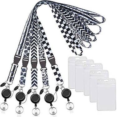 YOUOWO 5 Pack BlackWhite Cruise Lanyards Quick Release with Vertial Badge Holder and Retractable Badge Reelfor ID Badges Card Holder OfficeNeck Lanyard with Reel Clips