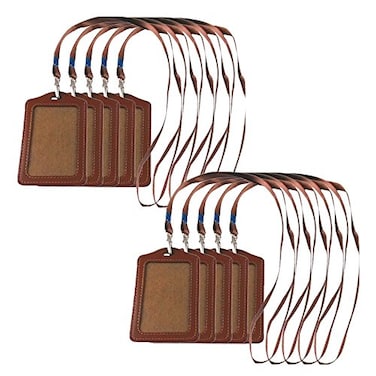 yueton 10pcs Vertical Style Leather Business ID Badge Card Holder Name Card Business Card Holder Tag with Long Neck Strap Band Lanyard Brown
