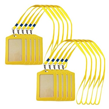 yueton 10pcs Vertical Style Leather Business ID Badge Card Holder Name Card Business Card Holder Tag with Long Neck Strap Band Lanyard Yellow
