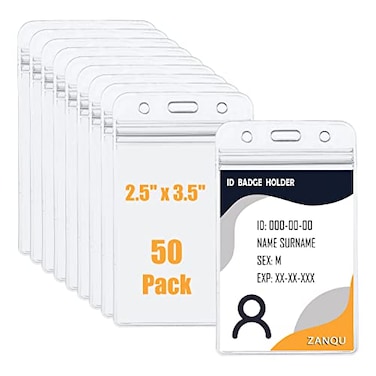 ZANQU 50 Pack Thick ID Badge Holders Vertical Clear Card Holder with Waterproof Resealable Zip 50 Pack Vertical