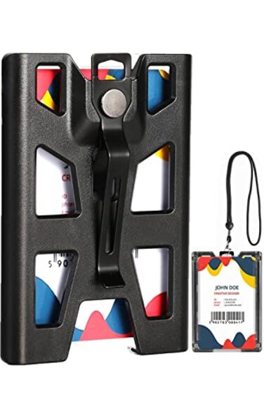 ZAZE Badge Holder ID Card Holders with Lanyard Clip Durable Hard Plastic Heavy Duty Wallet Vertical Clear Credit Holders 4 Cards Slots for Name Work Police Office Black