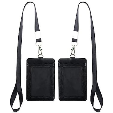 zuppnm 2 Pack Badge Holders with Detachable Neck Lanyard Strap Vertical PU Leather ID Card Holder 1 Clear Window Slot for Work ID School Metro and Access CardBlack Blackblack