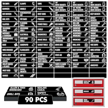 Vantasii 90 PCS Magnetic Toolbox Labels 82 PrePrinted 8 Blanks Large Size Tool Chest Organizer Labels Strong Magnetic Easy to Read Printing Fits All Brands of Steel Tool Box Drawers Black 35 x 1