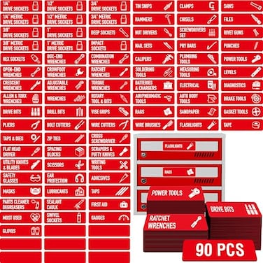 Vantasii 90 PCS Magnetic Toolbox Labels 82 PrePrinted 8 Blanks Large Size Tool Chest Organizer Labels Strong Magnetic Easy to Read Printing Fits All Brands of Steel Tool Box Drawers Red 35 x 1