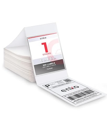 enKo 4 x 6 Thermal Fan Fold Labels Compatible for Rollo Printer Labels 1 Stack of 500 4x6 Label Zebra Printer Mailing Postal Label Paper Perforated Permanent Adhesive