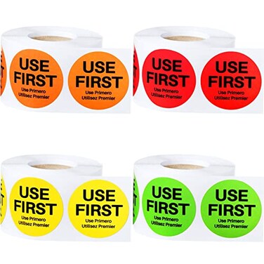 Epakh 2000 Pcs Use First Stickers Food Service 15 Inch Inventory Control Labels for Restaurant Permanent Adhesive Food Circle Dot Label PaperRed Green Orange Yellow with Black Text