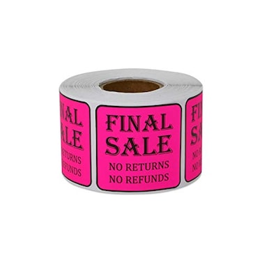OfficeSmartLabels Final Sale Stickers No Returns No Refunds 15 x 15 Inch Square in Neon Pink for Retail Grocery Clearance Final Sales Garage Yard Sale Rummage Thrift Stores Labels 300 Labels per Roll