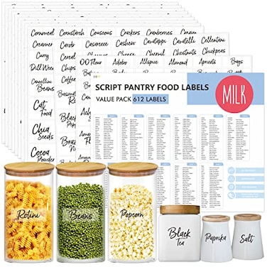 Hebayy 612 Script Pantry Food Labels Water Oil Resistant Pantry Label Stickers Food Jar Label for Organization and Storage
