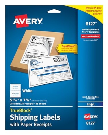Avery Shipping Labels wPaper Receipts and TrueBlock Technology for Inkjet Printers 5116 x 758 Pack of 25 8127