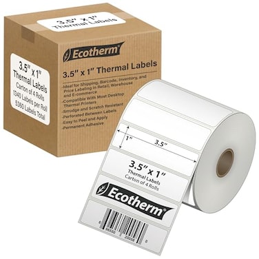 Ecotherm 35 x 1 Thermal Labels 4 Rolls 5360 Labels fits Zebra Munbyn Rollo Godex Arkscan iDPRT Offnova Thermal Label Printers and More Blank White Adhesive Stickers by