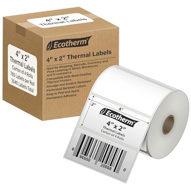 Ecotherm 4 x 2 Thermal Labels 4 Rolls 3040 Labels fits Zebra Munbyn Rollo Godex Arkscan iDPRT Offnova Thermal Label Printers and More Blank White Adhesive Stickers by