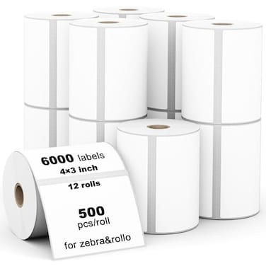 Labelebal 6000 Labels 3Proof 1 Core 12 Rolls 4 x 3 Direct Thermal Label 101mm x 76mm Multipurpose Shipping Address Mailing Barcodes Stickers Compatible for Zebra Rollo Desktop Label Printer