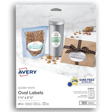 Avery Easy Peel PrintToTheEdge Permanent InkjetLaser Oval Labels 22804 1 12 x 2 12 Glossy White Pack Of 180