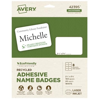 Avery EcoFriendly Recycled Name Tags 213 x 338 White Removable Adhesive 160 Printable Name Badges 42395