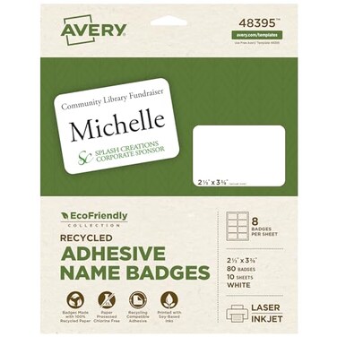 Avery EcoFriendly Recycled Name Tags 213 x 338 White Removable Adhesive 80 Printable Name Badges 48395