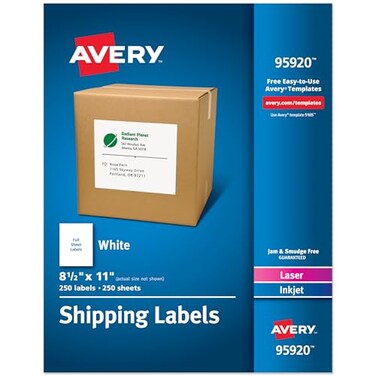 Avery Full Sheet Printable Shipping Labels 85 x 11 White 250 Blank Mailing Labels Great for Packages Product Merchandising Organization and More 95920