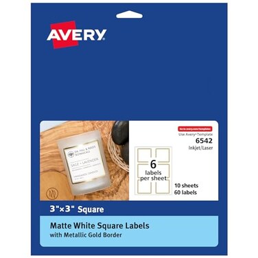 Avery Matte White Labels Metallic Gold Borders 3 x 3 Square Labels 60 Total LaserInkjet Printable 6542