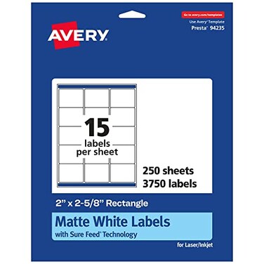 Avery Matte White Rectangle Labels Sure Feed Technology 2 x 258 3750 Matte White Printable Labels