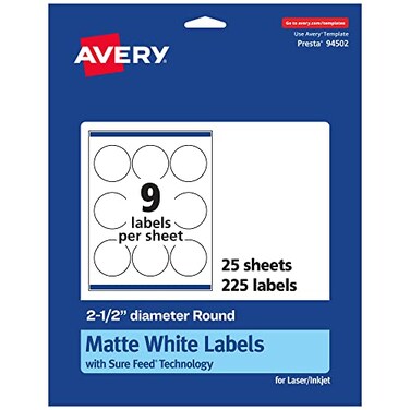 Avery Matte White Round Labels Sure Feed Technology 25 Diameter 225 Matte White Printable Labels