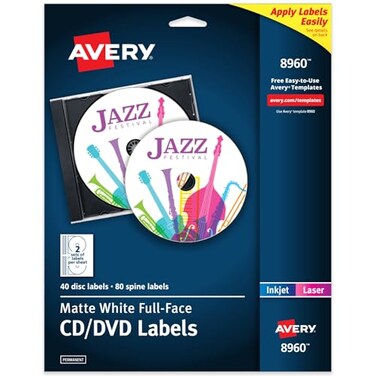 Avery Printable FullFace CD Labels Matte White Permanent Adhesive LaserInkjet Printable 40 Disc 80 Spine Labels Ideal for CDs DVDs PC Discs Media Projects More 8960