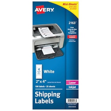 Avery Printable MiniSheets Shipping Labels 2 x 4 White Permanent Adhesive LaserInkjet Compatible 100 Blank Stickers Total Great for Printing a Few Labels at a Time 2163