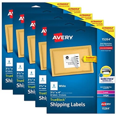 Avery Printable Shipping Labels Sure Feed Technology 313 x 4 White LaserInkjet Printable 60 Blank Mailing Labels per Pack 300 Total 5 Packs of 15264