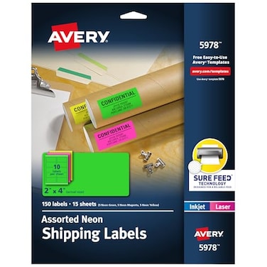 Avery Printable Shipping Labels with Sure Feed 2 x 4 Assorted Neon Colors Magenta Green Yellow Laser Inkjet Compatible 150 Blank Labels Total 5978