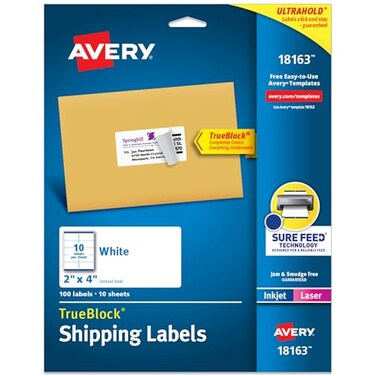 Avery Printable Shipping Labels with Sure Feed 2 x 4 Customizable Stickers White 100 Blank Mailing Labels Great for Mailing Shipping and More 18163