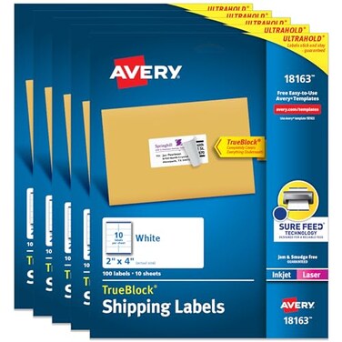 Avery Printable Shipping Labels with Sure Feed 2 x 4 Customizable Stickers White 500 Blank Mailing Labels Great for Mailing Shipping and More 5Pack of 18163