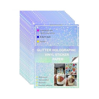 Bleidruck Printable Sparkle Holographic Sticker Paper 20 Sheets 85x11 Inch Waterproof Glitter Vinyl Sticker Paper Quick Dry for InkjetLaser Printer