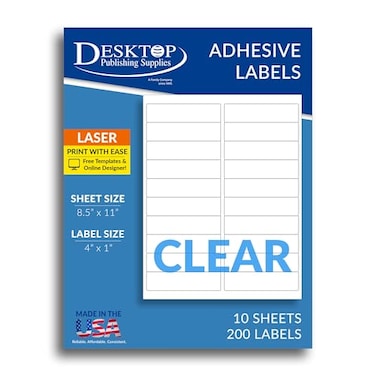 Desktop Publishing Crystal Clear Labels for Laser Printers 4 x 1 20 per Sheet 10 Sheets 200 Labels
