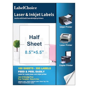 LabelChoice Labelchoice 100 Sheets 200 Labels Half Sheet Self Adhesive Shipping Labels for Laser Inkjet Printers 85 x 55 Shipping Mailing Labels 2 per Page Shipping Labels 5 12 x 8 12 Half Sheet Label